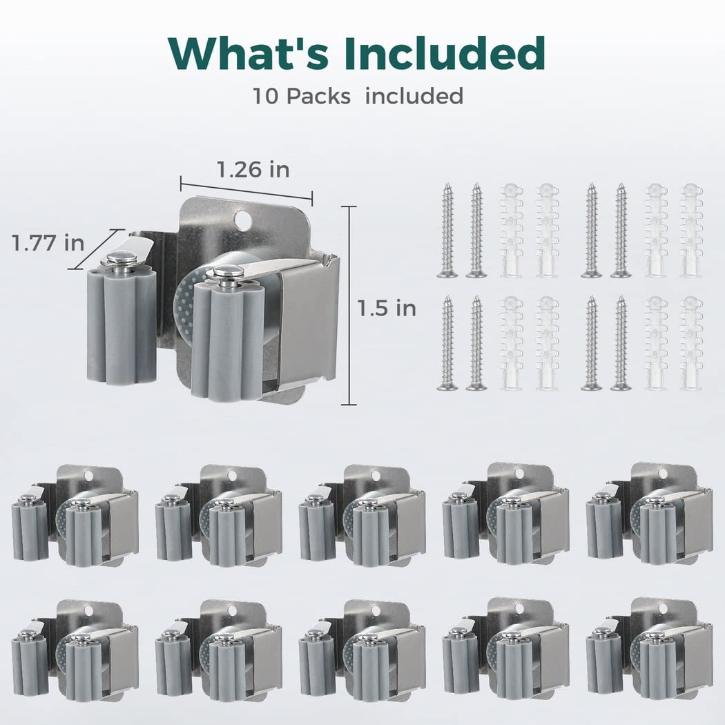 10er Set Wandhalterung für Mopp und Besen, mit Montagematerial, einfache Rollenmechanik zum Einschieben, Halter aus Edelstahl für Bad, Küche, Garage und Hauswirtschaftsraum