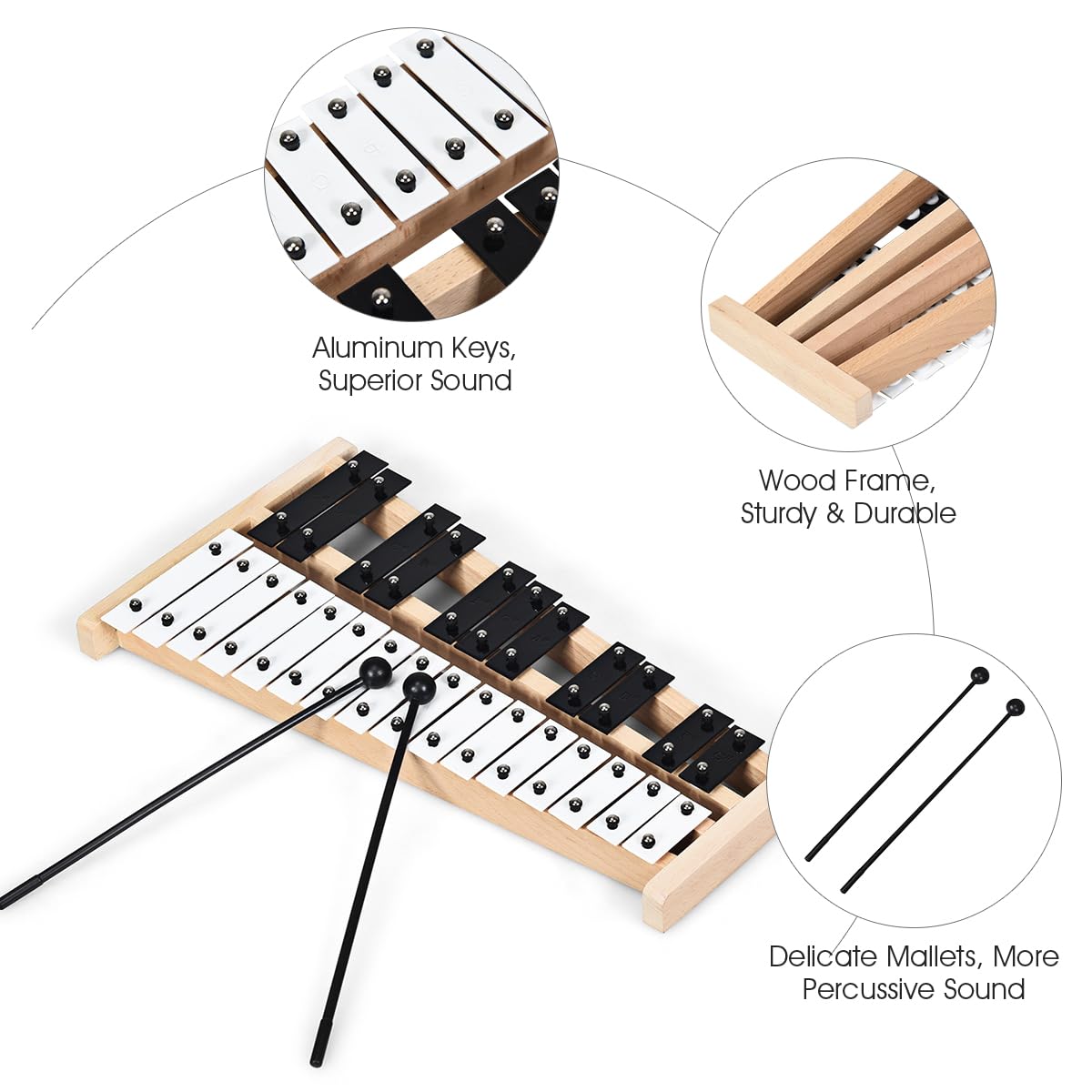 KOMFOTTEU 27 note xilofono, carillon con tasti in metallo e base in legno, percussione a mano con 2 bacchette portatile con custodia per il trasporto, strumento a percussione per prestazioni, concerto