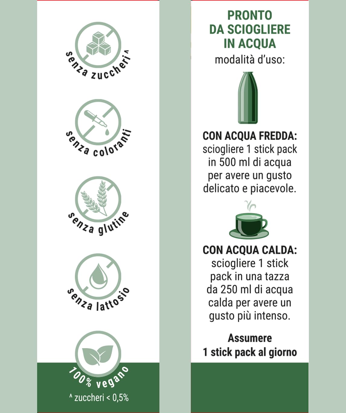 Integratore solubile, Gusto tè verde, Confezione da 12 stick da sciogliere in acqua fredda o calda. Favorisce il drenaggio dei liquidi corporei.