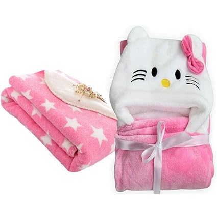 BRANDONN All Season Supersoft Hooded Kitty and Star Printed Baby Blanket and Baby Bath Towel (Pink) - Pack of 2