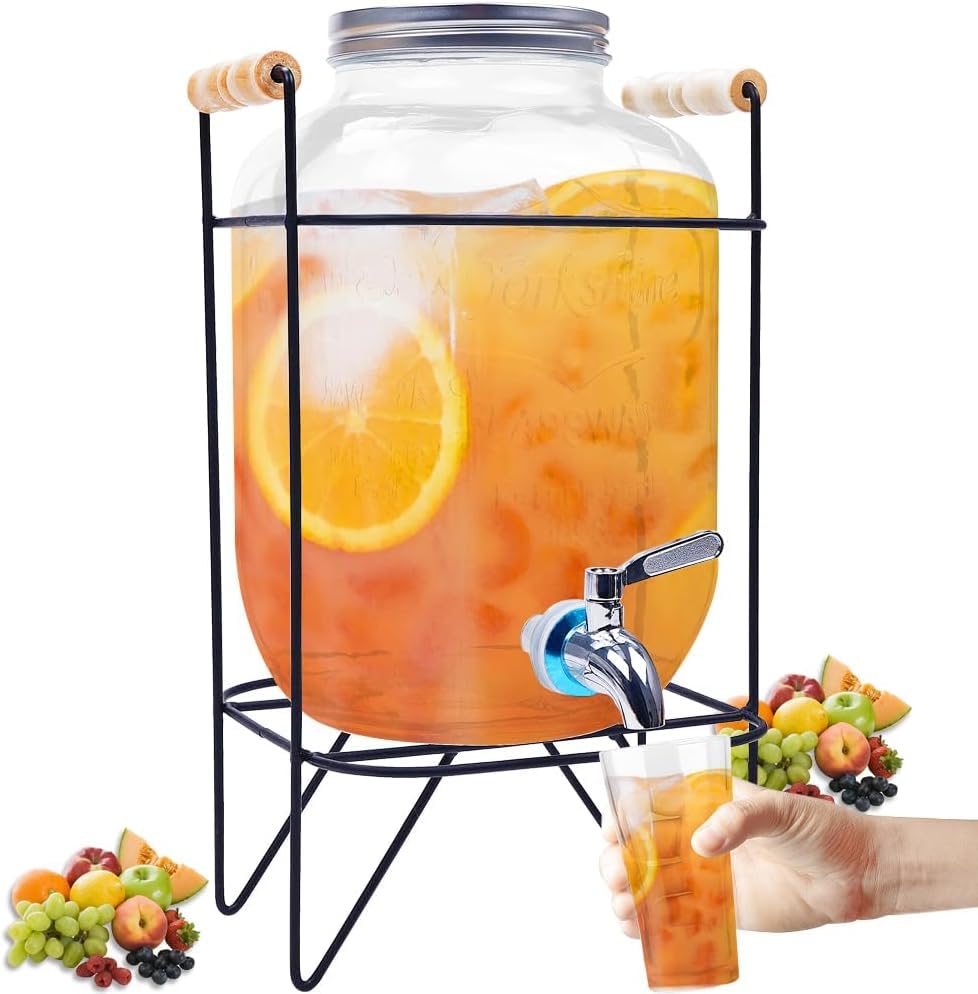 Image of Bellemax 3 Litre Glass Iced Drink Dispenser with Spout & Tap, Steel Lid and Stand- Cold Beverage Tank for Water, Cocktails, Detox Drinks & More, Perfect for Parties & Events,Daily Uses(Set of 1)