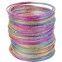 YREYBN 60pcs Glitter Bangles，Retro Neon Bracelet, Stackable Glossy Plated Layered Thin Charm Bangle, Halloween Christmas Disco Party Fancy Dress Accessories for Women Girls