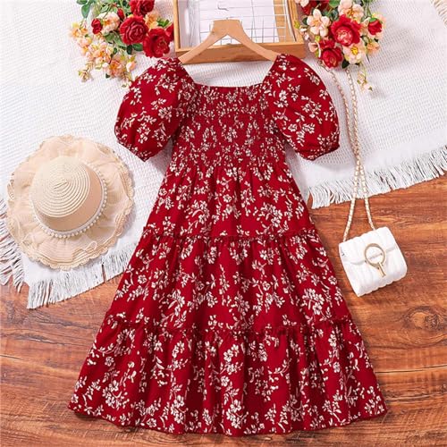KAGAYD Kids Girls Summer Dress Puff Sleeve Ruffle Smocked Square Neck Midi Dress 8~12 Years3