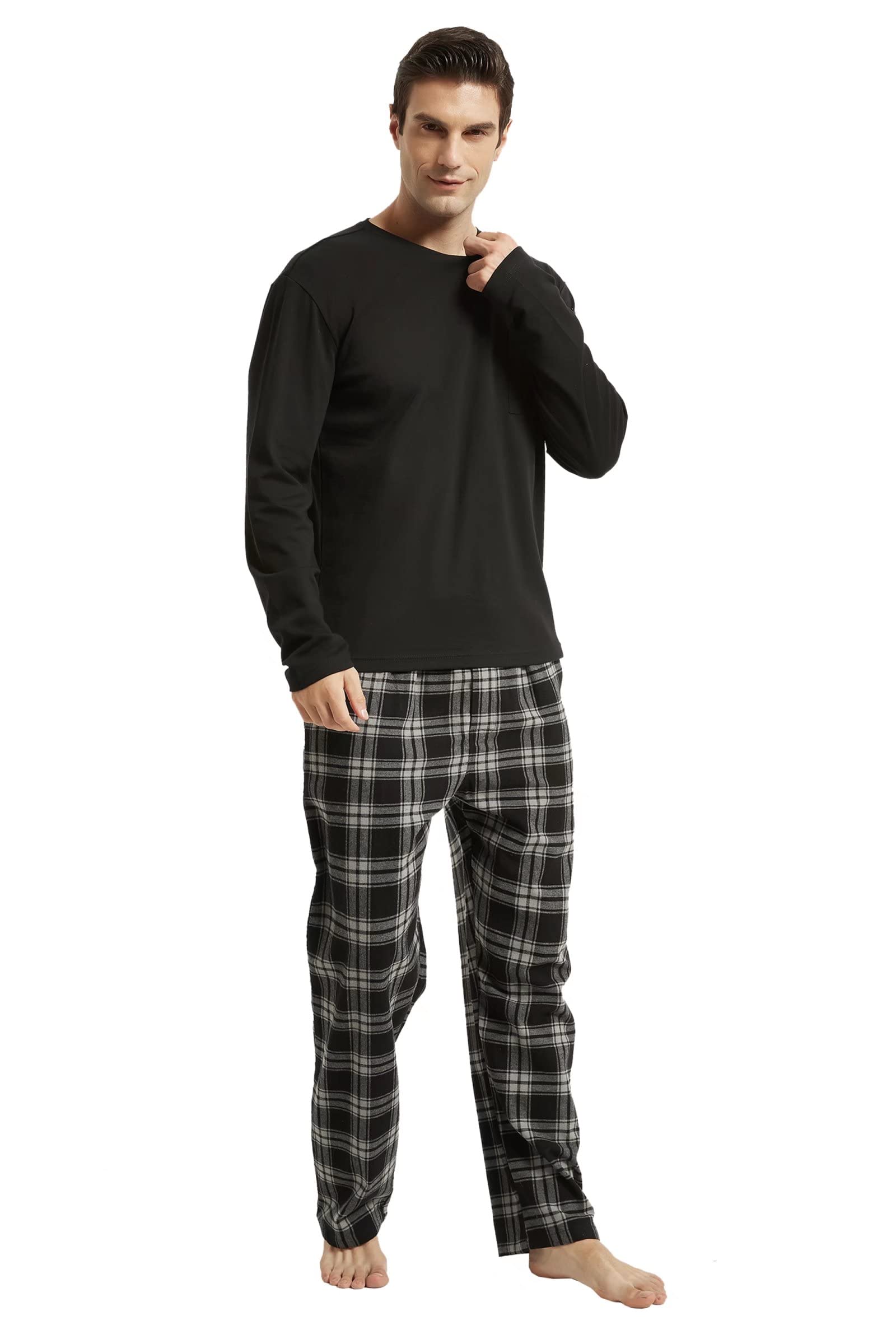 Amaxer Pigiama Uomo Cotone Lungo di Flanella Set da Notte Top a Manica Lunga con Tasche Pantaloni con Coulisse