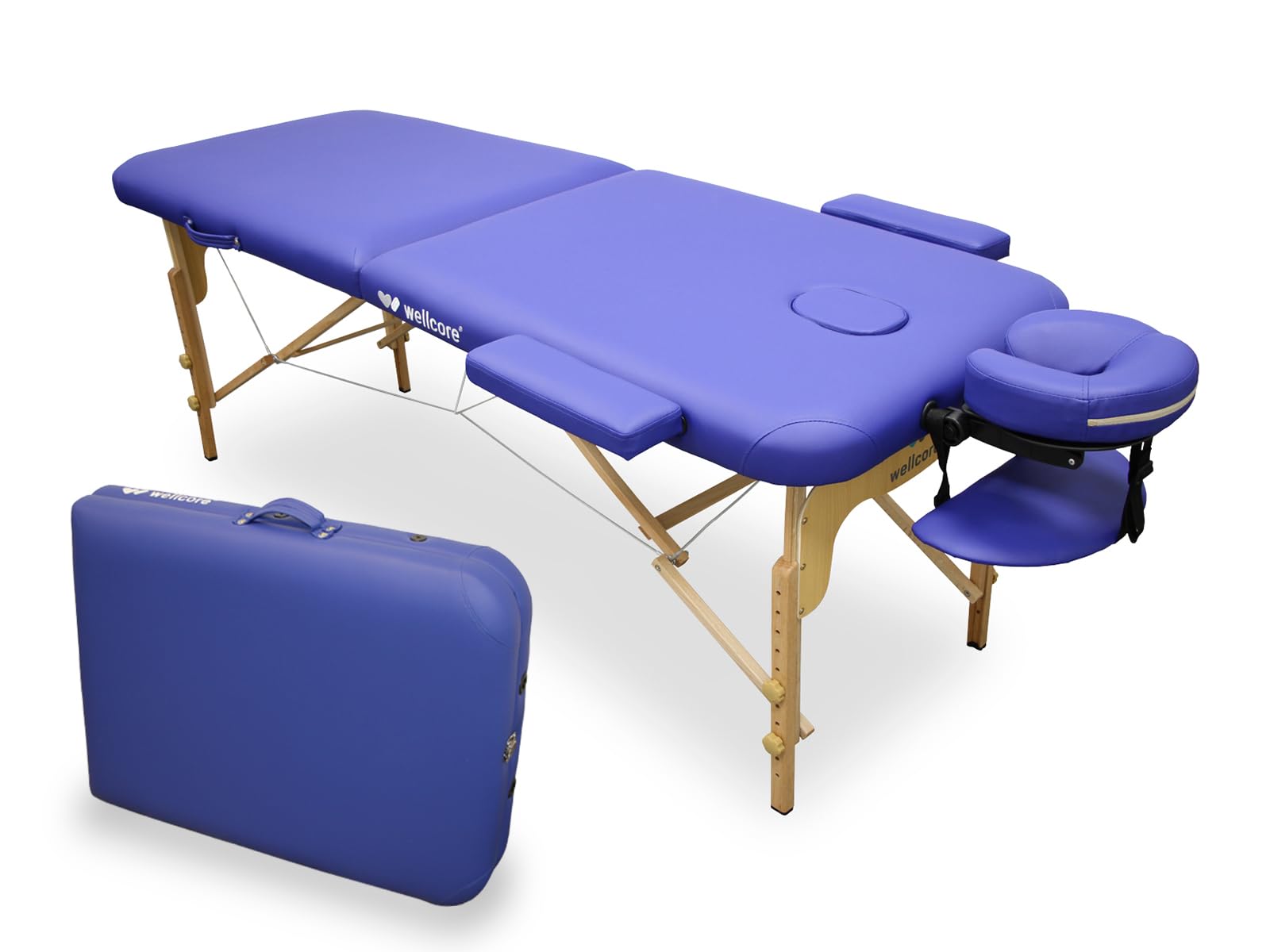 WELLCORE - Lettino da massaggio pieghevole, realizzato in legno, ecopelle, 185 x 65 cm, altezza regolabile, testa rimovibile, due bracci di ingrandimento, foro facciale, colore blu, fino a 225 kg