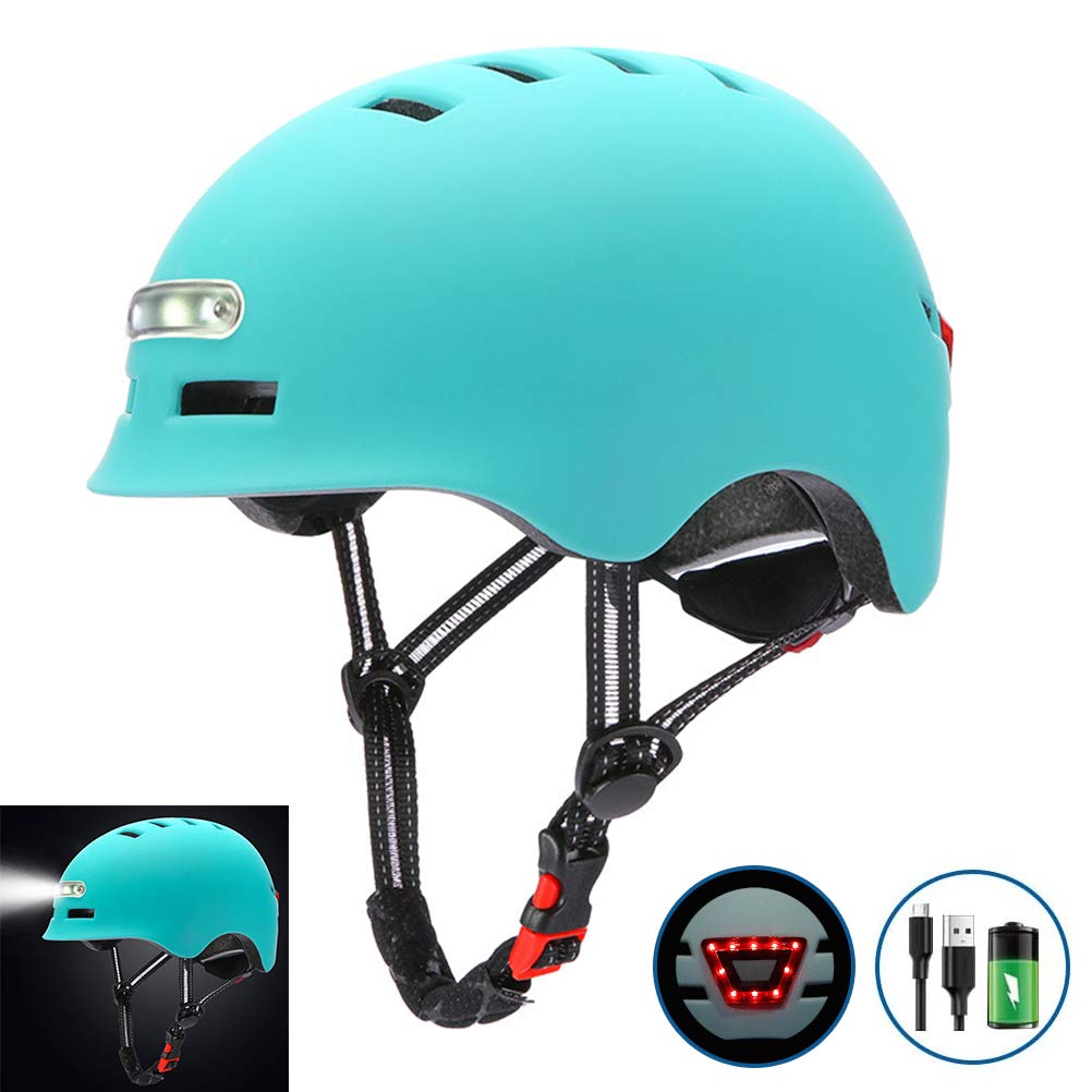 POENVFPO LED-Licht-Fahrradhelm, Integrierte PC-Schale, Sicherheitsscheinwerfer und Rücklicht Zum Radfahren und Skaten, Verstellbare Größe für Erwachsene und (Blue #41)