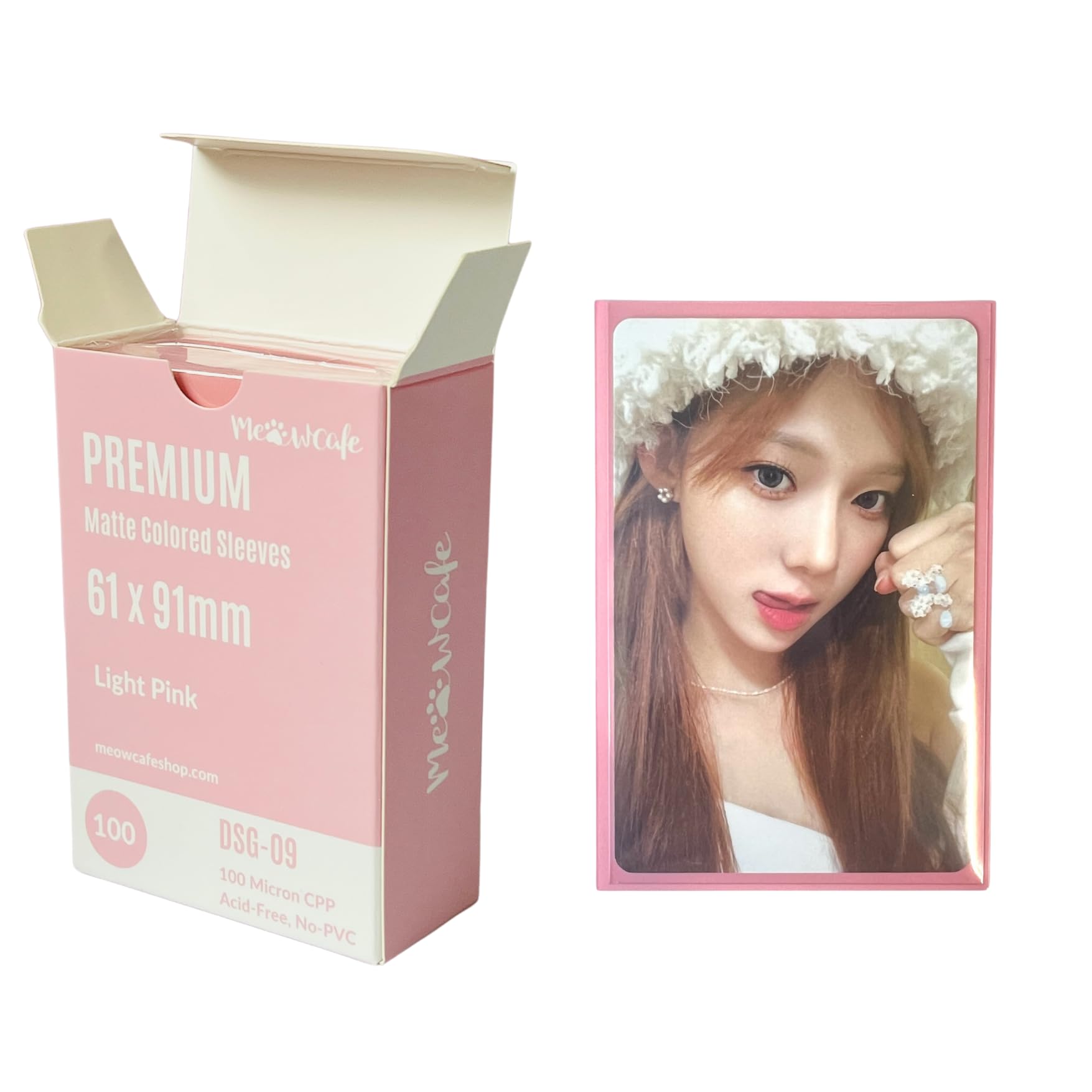 MEOWCAFE Premium 61x91mm Colored Sleeves for Double Sleeving Kpop Photocard, Strong, Thick, High Clarity Kpop Photocard Sleeve, 100 Sleeves (Light Pink)