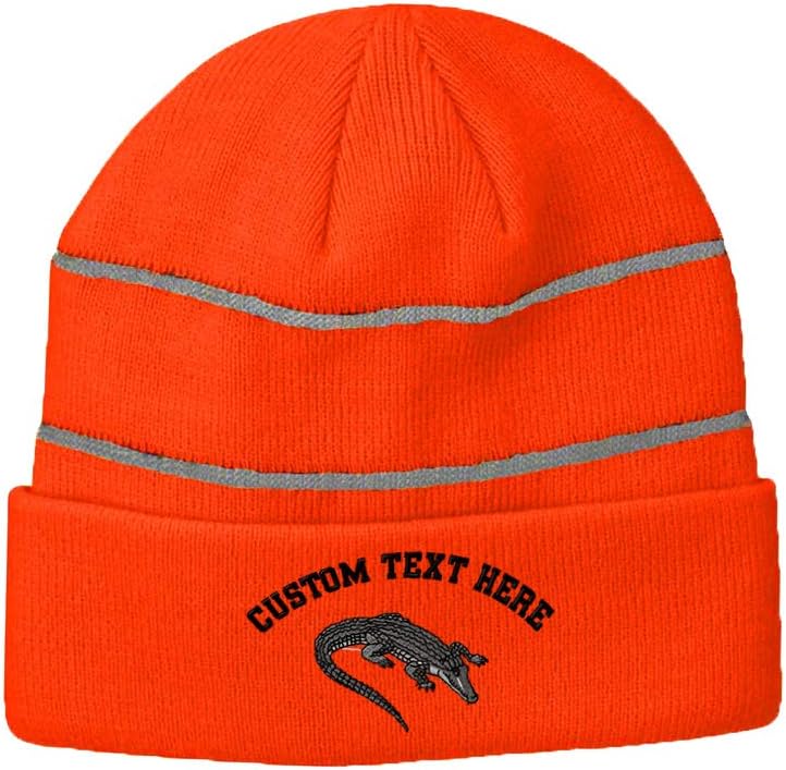 Custom Reflective Beanie Gator Florida Swamp Embroidery Acrylic High Visibility Running Gear Skull Cap for Men & Women Neon Orange Personalized Text Here