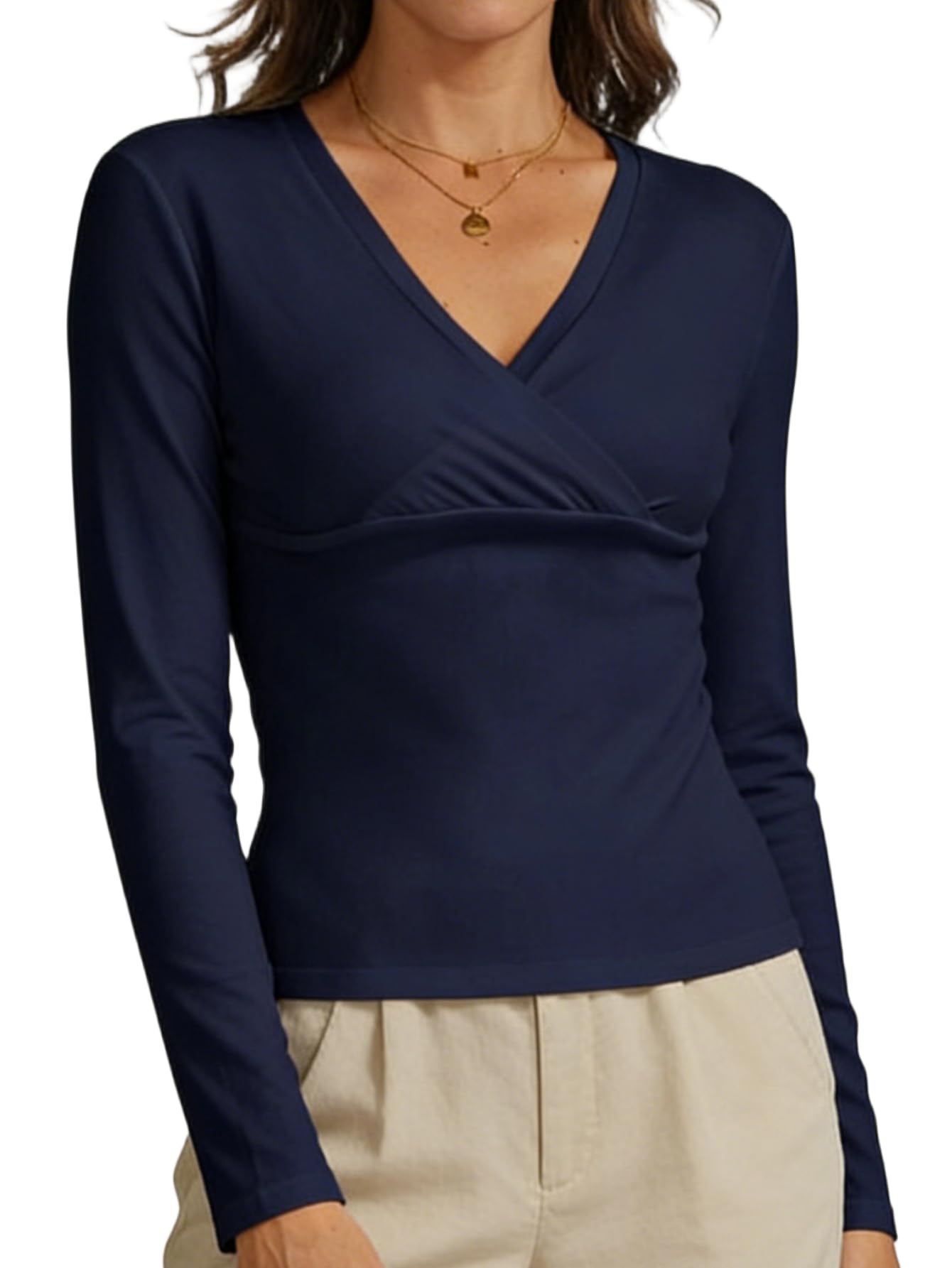 Long Sleeve Shirts, Cross Sexy V Neck Slim Fit Wrap Tops for Women, Casual Basic Going Out Tops