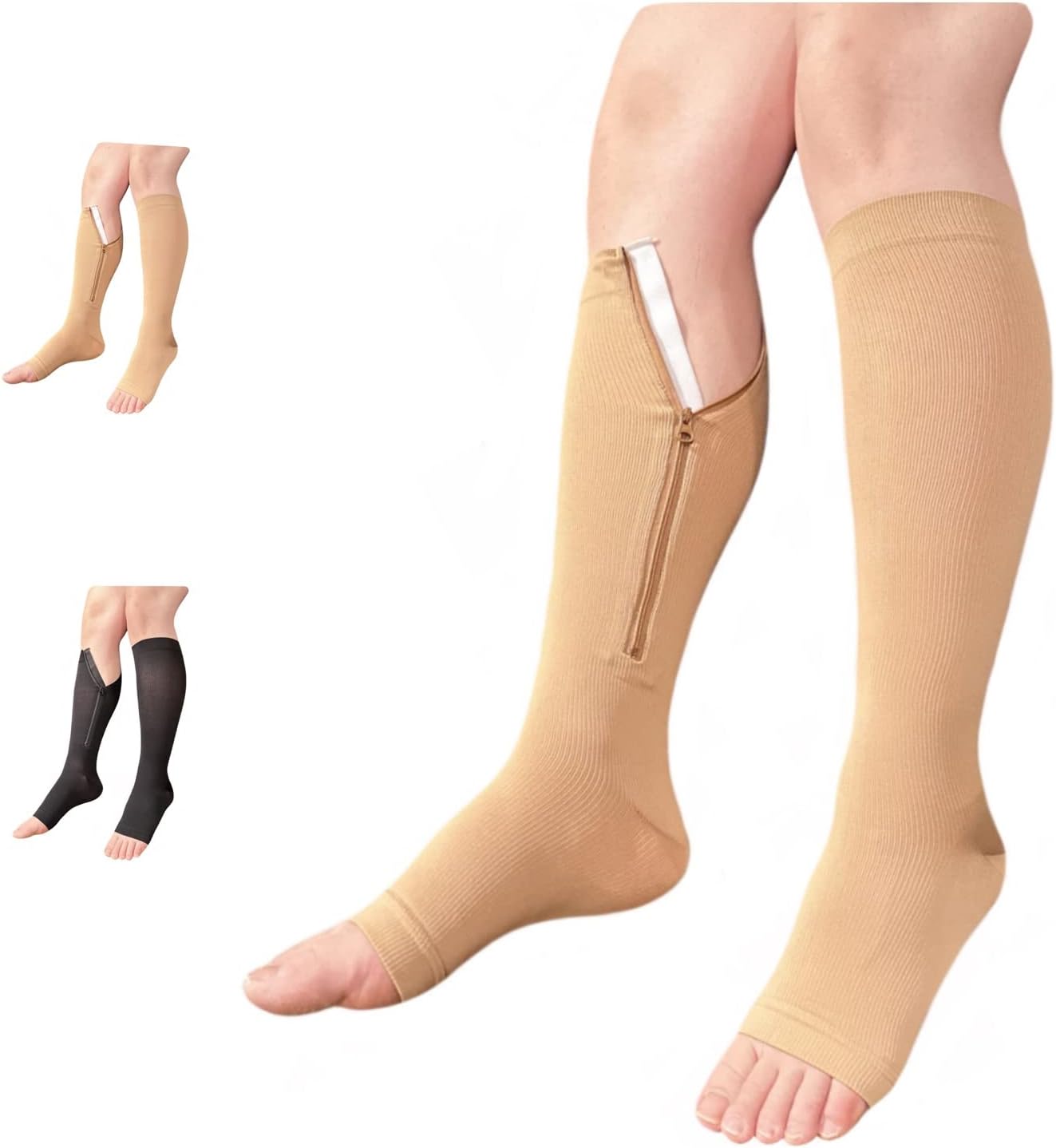 Open Toe 15-20 mmHg Compression Grade Calf Pain Leg Inside Zipper Socks