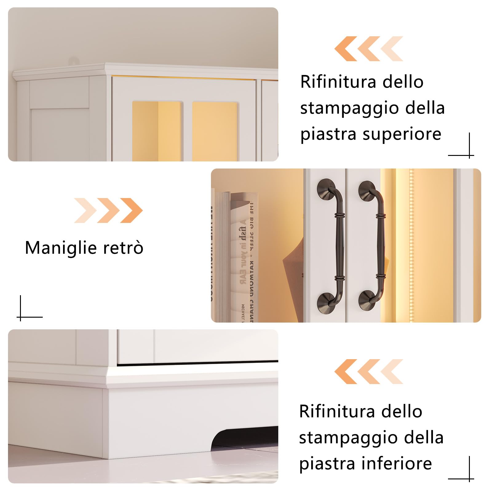 LUXOAK Vitrinenschrank mit LED Beleuchtung & Retro-Griffen, Hochschrank weiß 180 cm hoch, 6 Türen mit Acrylfenstern & 8 Einlegeböden, moderner Schrank für Wohnzimmer & Küche