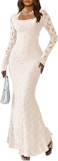 MITILLY Women's Floral Lace Bodycon Maxi Dress - Elegant Square Neck Long Sleeve for Wedding Guest Cocktail Party
