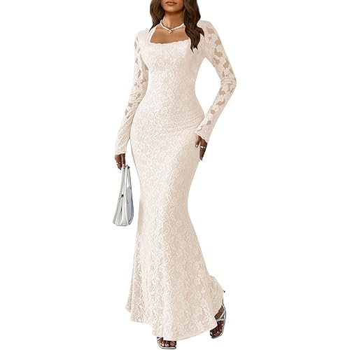 MITILLY Women Bodycon Maxi Dress Elegant Square Neck Long Sleeve Floral Lace Sexy Wedding Guest Cocktail Long Dresses