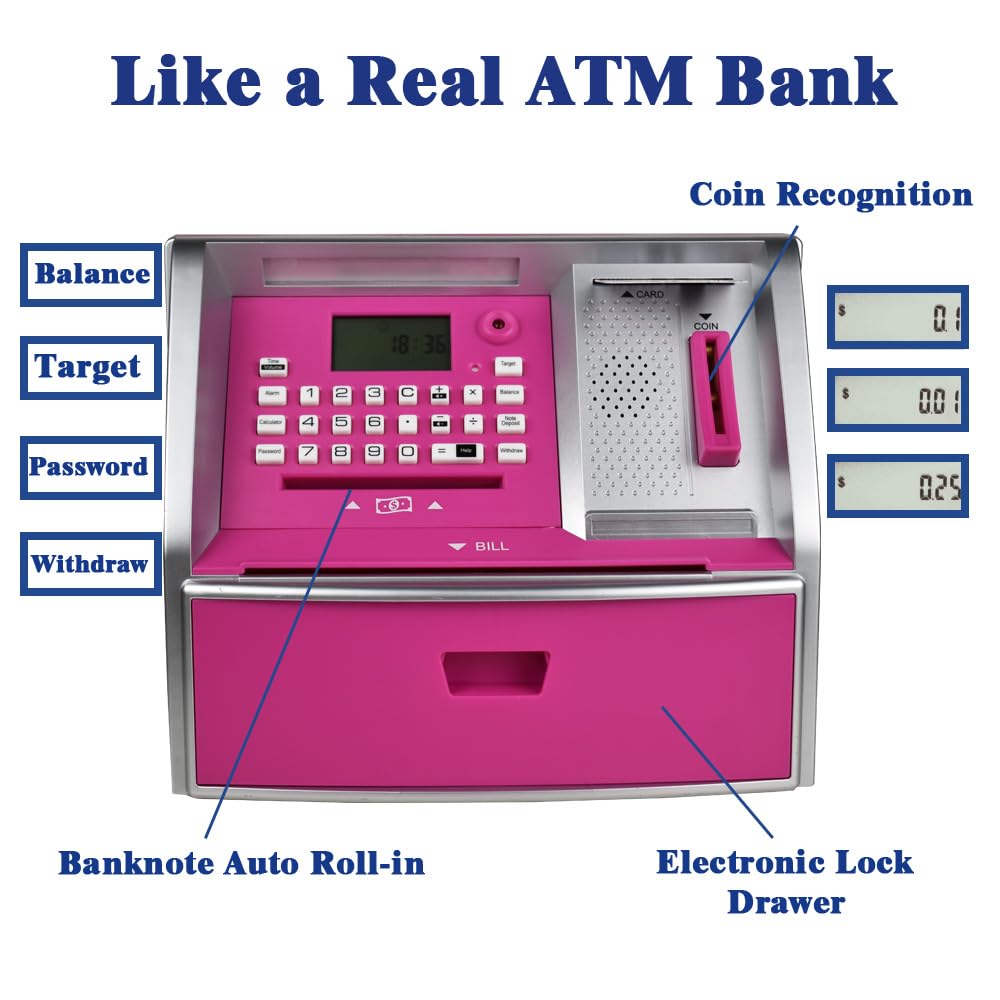 Amazon.com: ATMBnk ATM 兒童儲蓄罐,電子貨幣銀行,附硬幣櫃檯,卡片和密碼,迷你ATM  機生日禮物,適合男孩和女孩–有趣的教育儲蓄玩具(粉紅色/銀色) : 玩具和遊戲