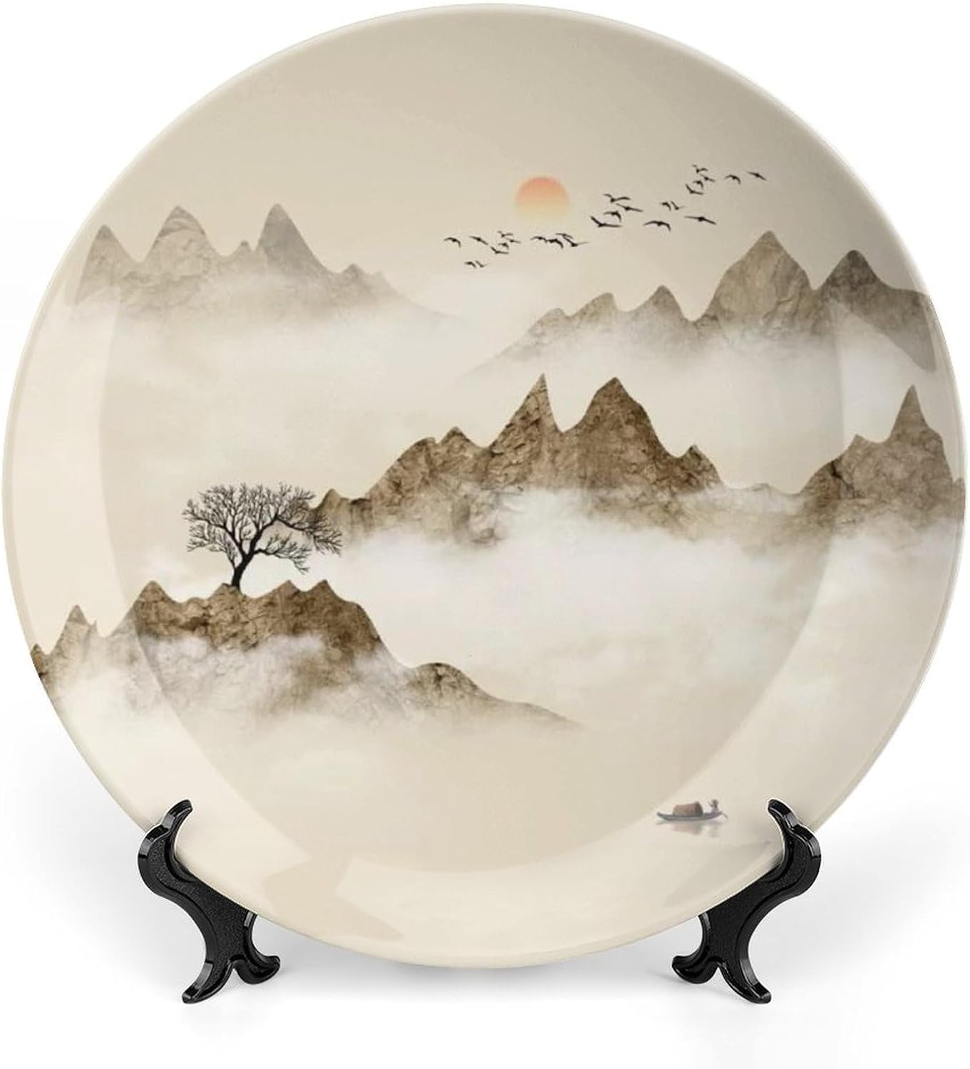 Vintage Solitary Tree Mountain Sunset Boat Bone China Plate for Dining Cabinet, 8inch Wall Art Home Decor