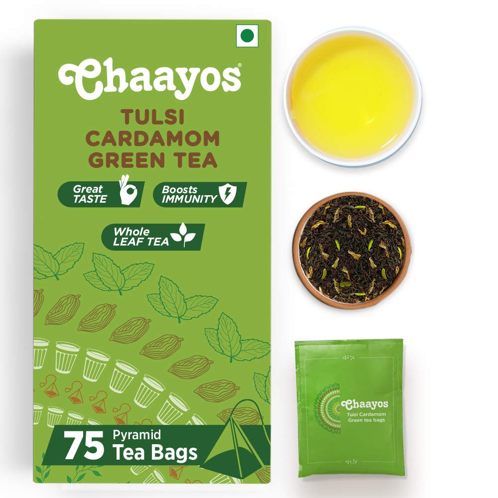 Chaayos Green Tea Bags - Tulsi Cardamom (75 Pyramid Tea Bags) | Tulsi and Cardamom Flavoured Green Tea | Green Tea | Herbal Tea | Tulsi Green Tea | Detox Green Tea (B08MRTTJHY) Amazon Price History, Amazon Price Tracker