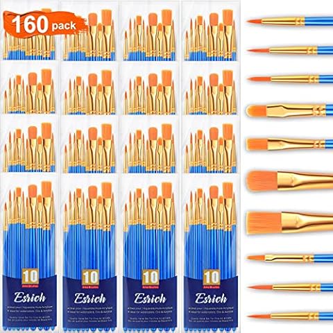 ESRICH Acrylic Paint Brushes Set, 16 Packs /160 Pcs, Nylon Brush Head, Suitable for Acrylic, Oil, Watercolor,Rock Body Face Nail Art,Perfect Suit of Art Painting, Best Gift for Kids Adult Drawing Cover