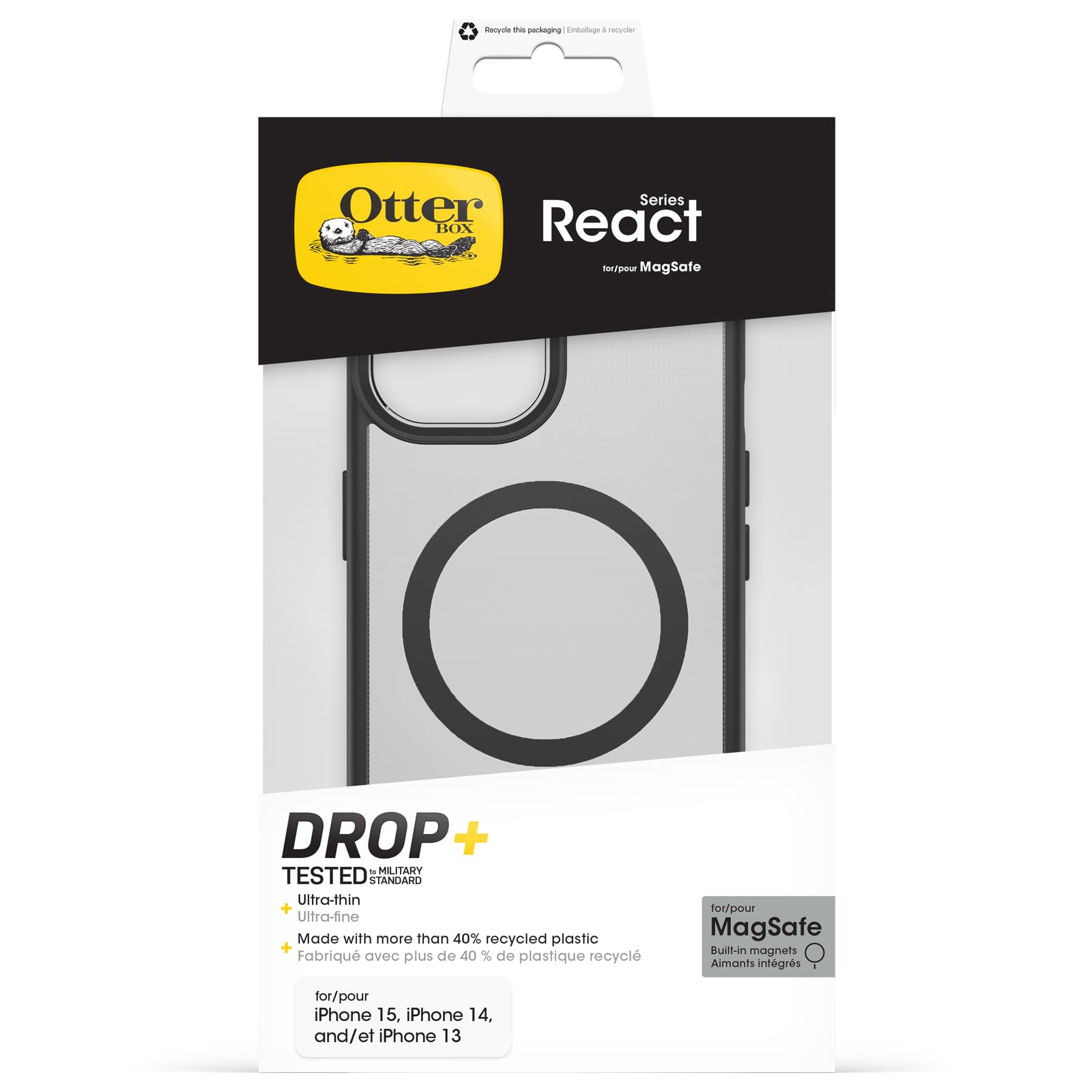 OtterBox React Series MagSafe Cover per iPhone 17e, 16e, 15, 14, 13, resistente a shock e cadute fino, cover ultrasottile, testata a norme MIL-STD 810G, Trasparente, Nero