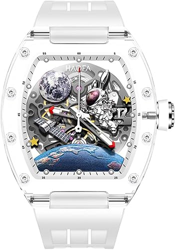 Haofa Reloj mecánico de nave espacial interestelar 3D para hombre, reloj automático hueco transparente con caja de vidrio transparente, impermeable,