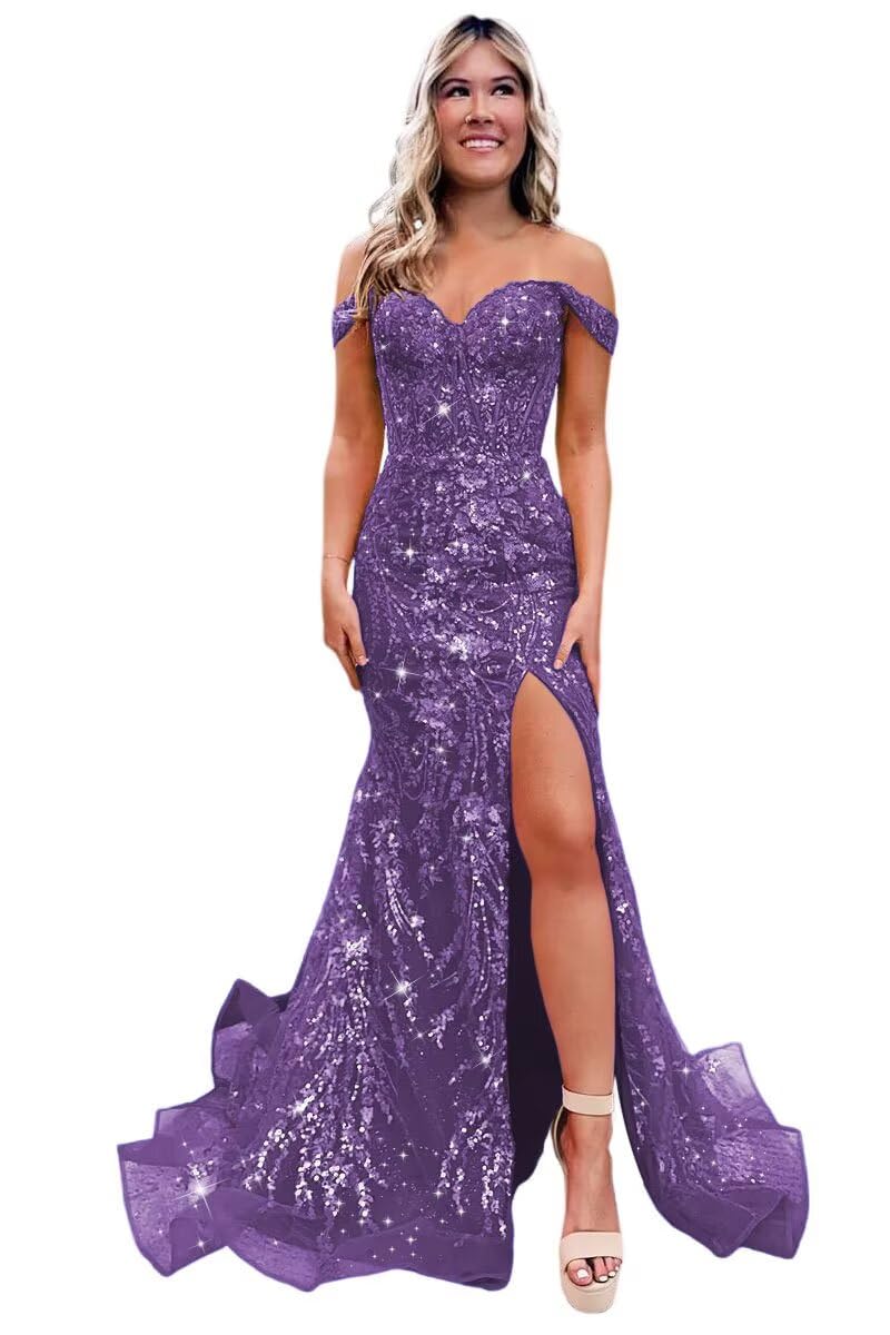 YMSHA Long Prom Dresses with Slit Off Shoulder Sequin Mermaid Lace Formal Gowns CLN059