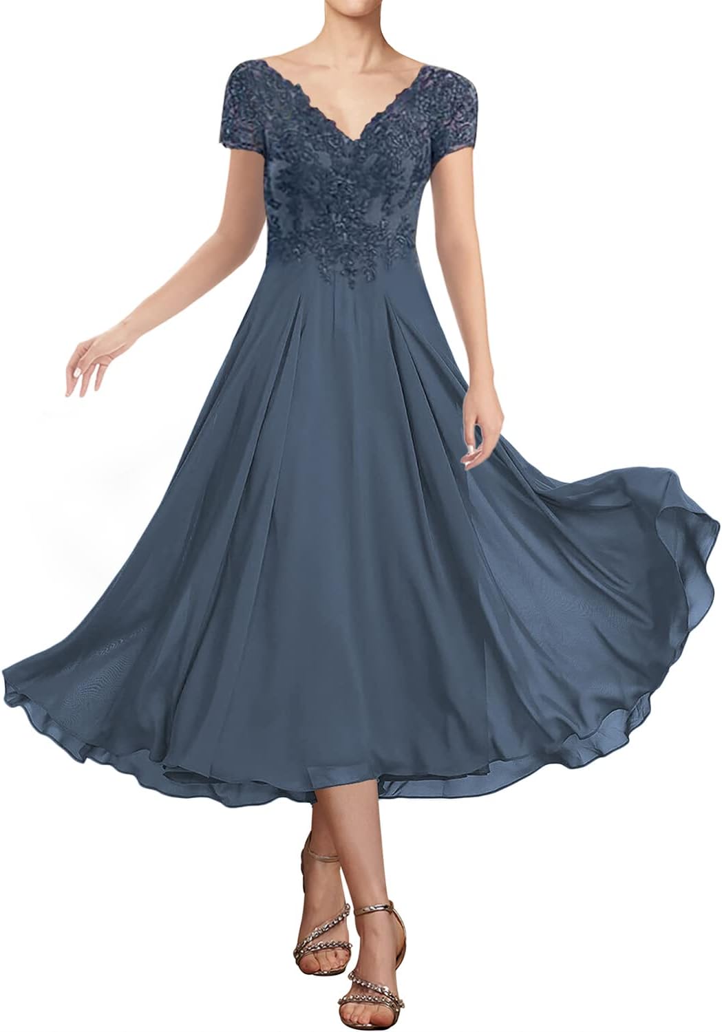 Tea Length Mother of the Bride Dresses for Wedding Lace Wedding Guest Dresses for Women Applique V Neck Short Sleeve