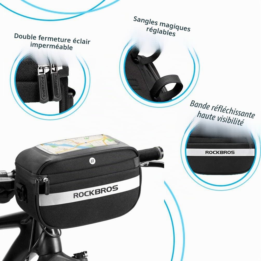 ROCKBROS Sacoche de Guidon Vélo VTT Trottinette Cyclisme Support de Téléphone Sacoche Rangement Avant Ecran Tactile Grande Capacité 4,5 L pour Smartphone sous 6,5 Pouces avec Bandoulière
