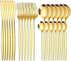 DIASO STORE Conjunto de Talheres 24 Peças Dourado Premium Jogo de Talheres Aço Inoxidável Colheres, Garfos e Facas