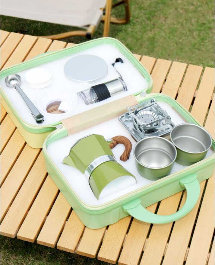 Herd Espresso Mokka Krug 9 Stück Tragbare Tasche Handbrühen Kaffeemaschine Set für Reisen, Camping, Büro, Backpacking Reisen, Outdoor Party, Wildangeln (9-teiliges Set-Grün)