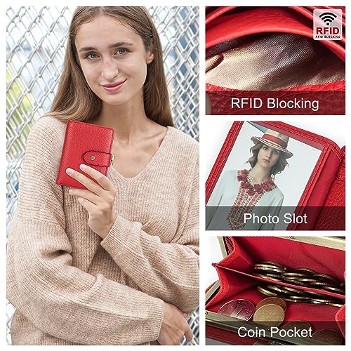 Contacts Womens Wallet Kiss Lock Purse RFID 11 Card Slots Ladies Bifold Leather Clutch with ID Window (Red) - Image 8