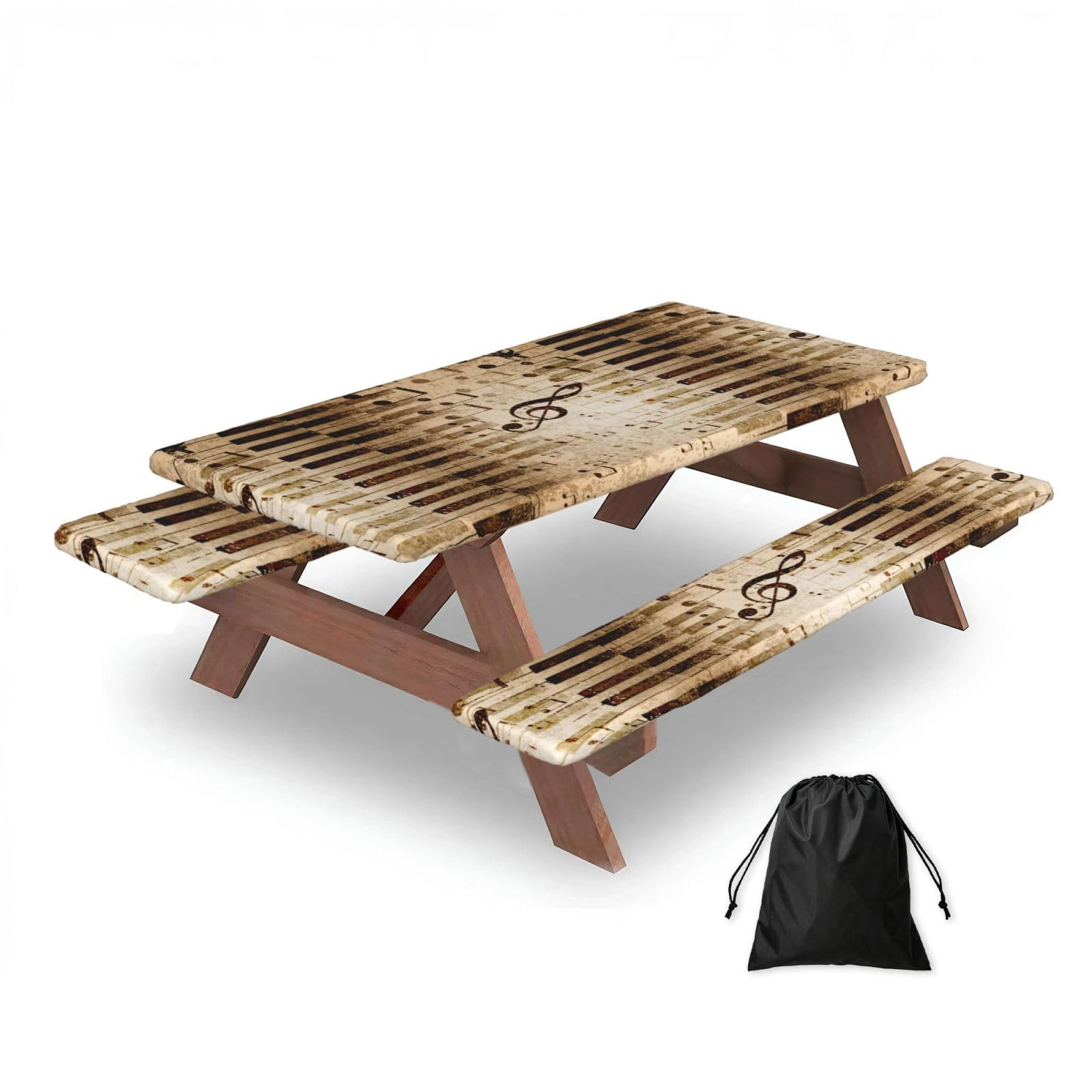 Dopklna As Picture Music Notes Piano, Picnic Table Cover With Bench Covers -Waterproof Elastic Fitted Tablecloth For Garden Camping Patio 76X152cm