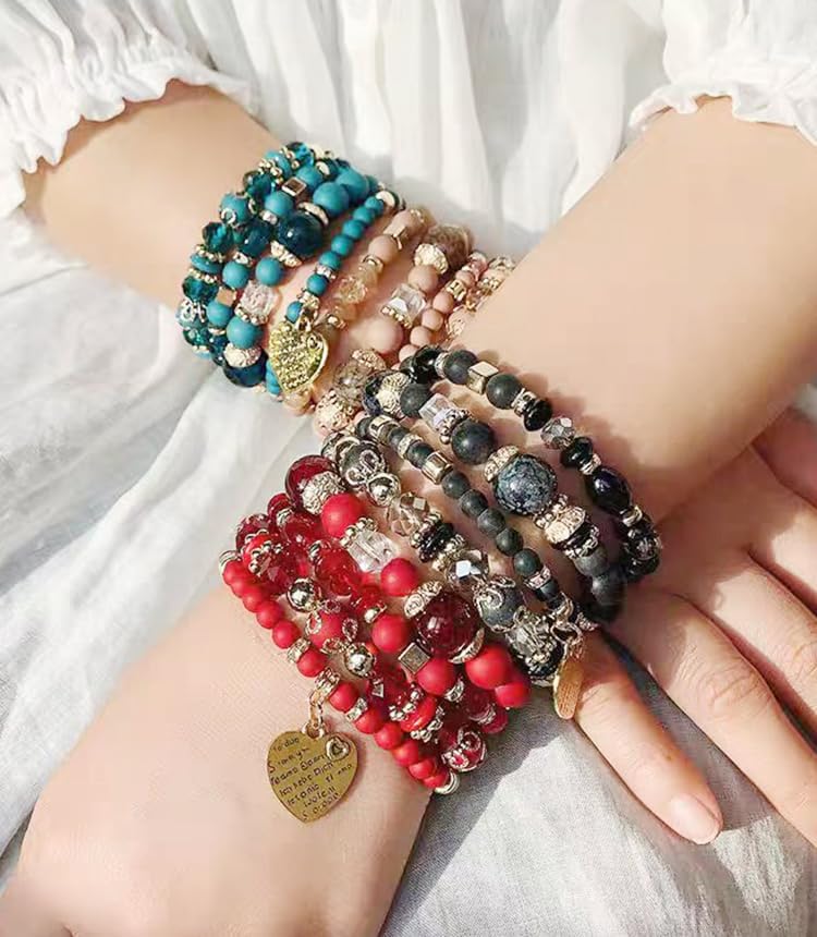 Bohemian Stackable Multi Layer Beaded Bracelets for Women Colorful Stacks Stretch Beads Heart Charm Elastic Bracelet Set Summer Beach Jewelry Gifts - Image 4