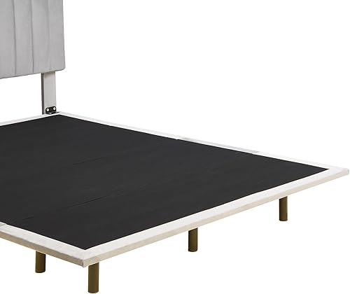 Miniatura 7 de Cama tapizada de tamaño Queen con luces LED, plataforma flotante de terciopelo con cabecera y soporte de listones de madera, base de cama LED