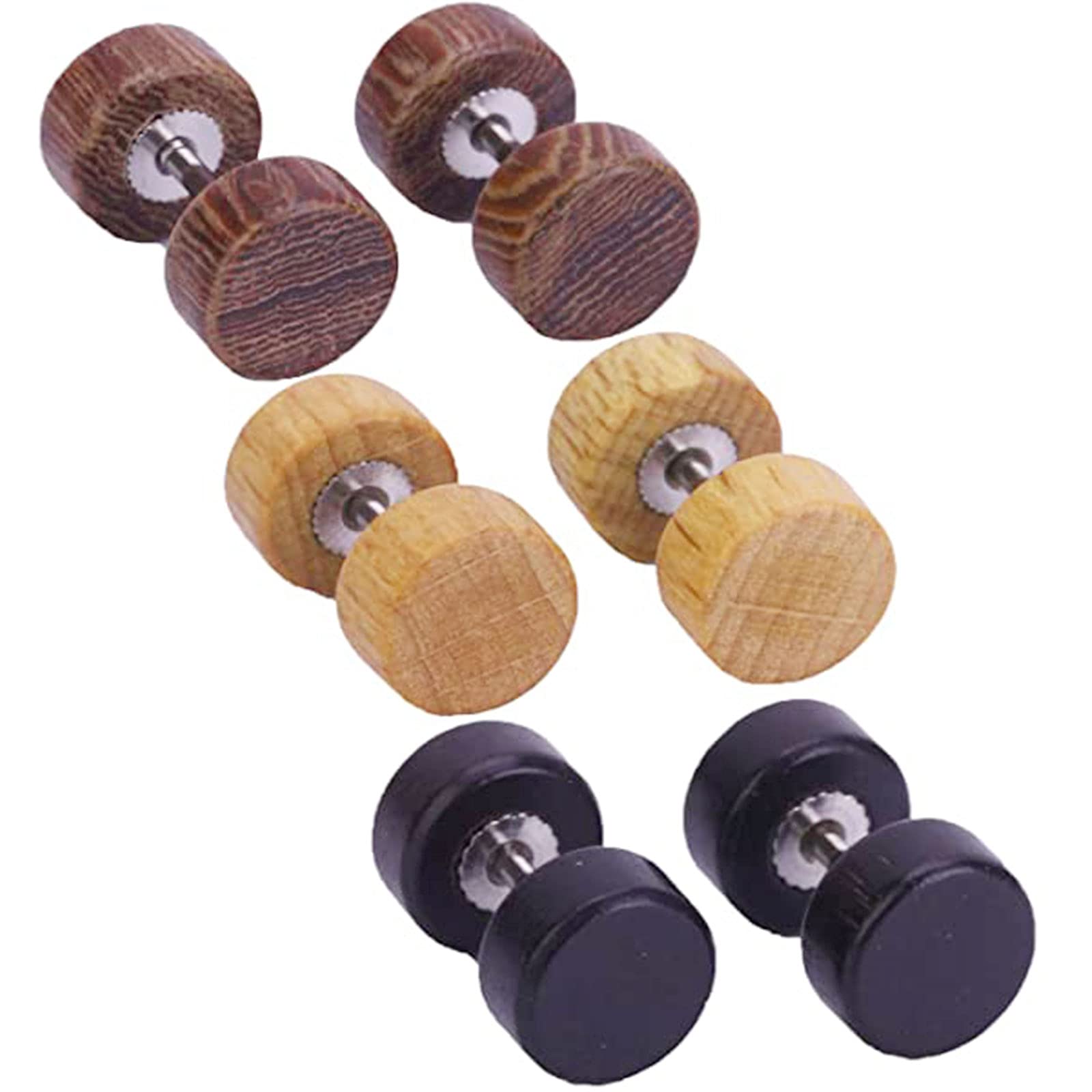 Orecchini Finto Tunnel In Legno - 3 Paia, Acciaio Inox, Colori Legno, Marrone E Nero, 1,5 Cm - Foto 9