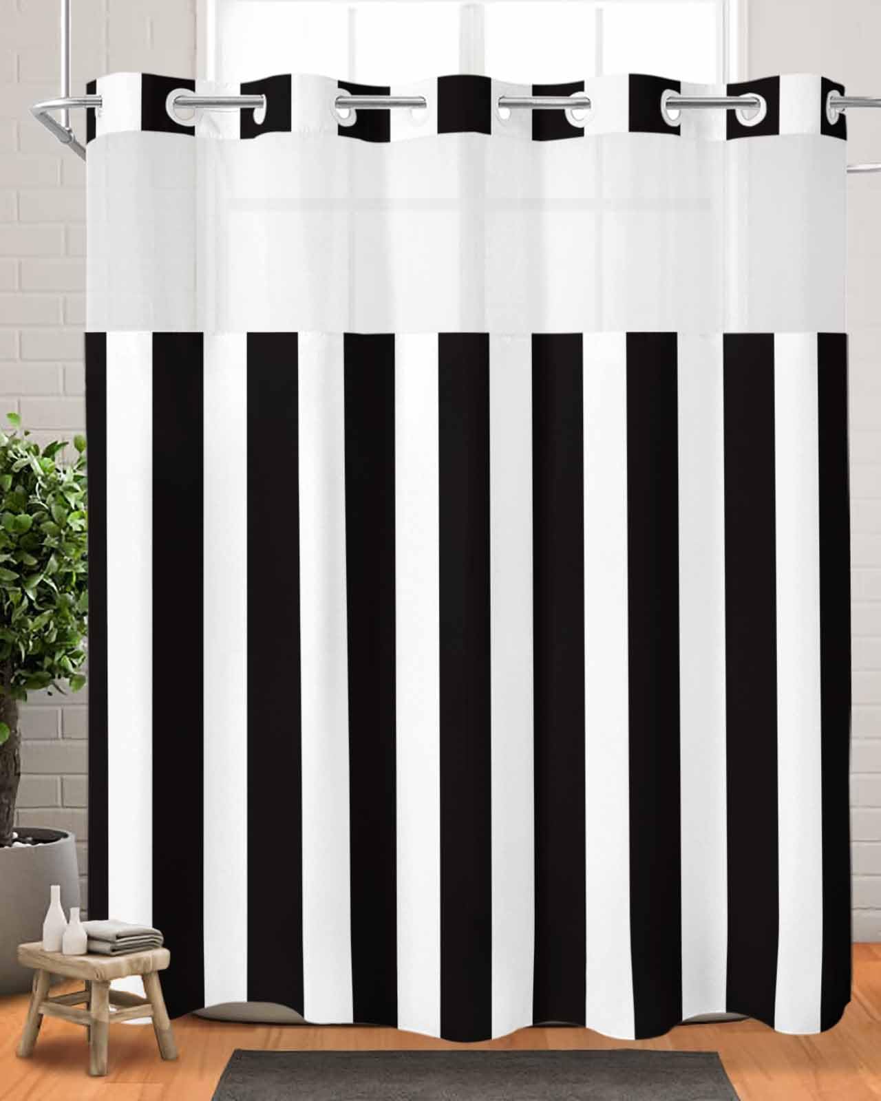 EwdeWwo No Hook Striped Shower Curtain with Snap in Liner, Black and White Shower Curtain for Bathroom Waterproof Vertical Stripe Bath Curtain with See Through Mesh Top Window, 72