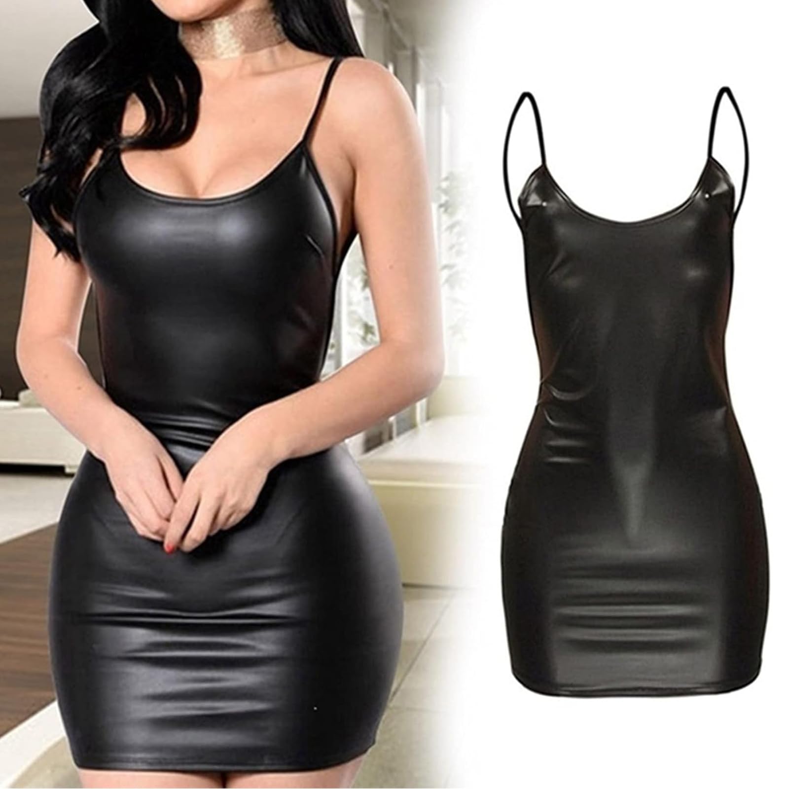 SEDEX Damska bielizna Wetlook, minisukienka bez pleców, bielizna nocna, dekolt stretch, sukienka Simili mini
