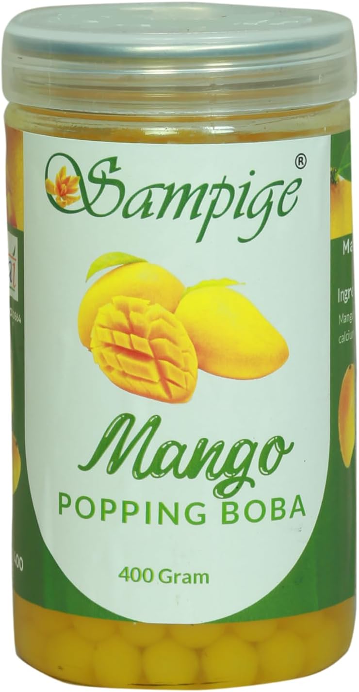 Sampige Popping Boba Mango | Fresh Fun Flavourful |Brusting fruit Flavours |Damage proof packaging| Best used in smoothies, Juices and Fruit Salads | 400gms