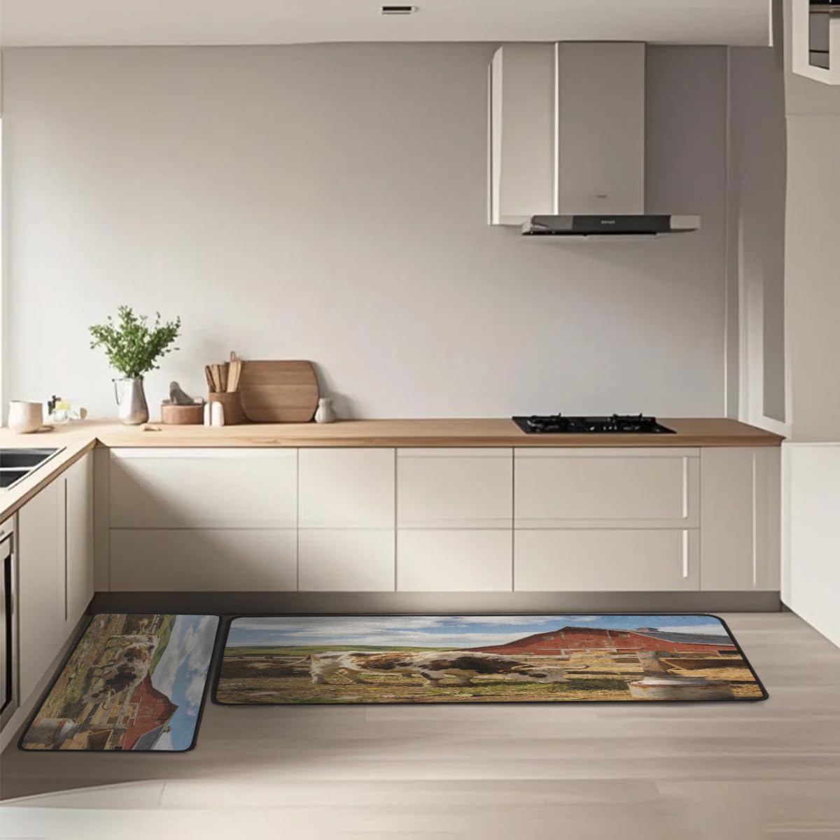 Anti Fatigue Brown White Cow Kitchen Mats for Floor 2 Piece Set, Waterproof Non Slip Boho Kitchen Floor Rugs, Comfort Standing Mat for Sink Laundry & Home Kitchen 17"x47"+17"x29"