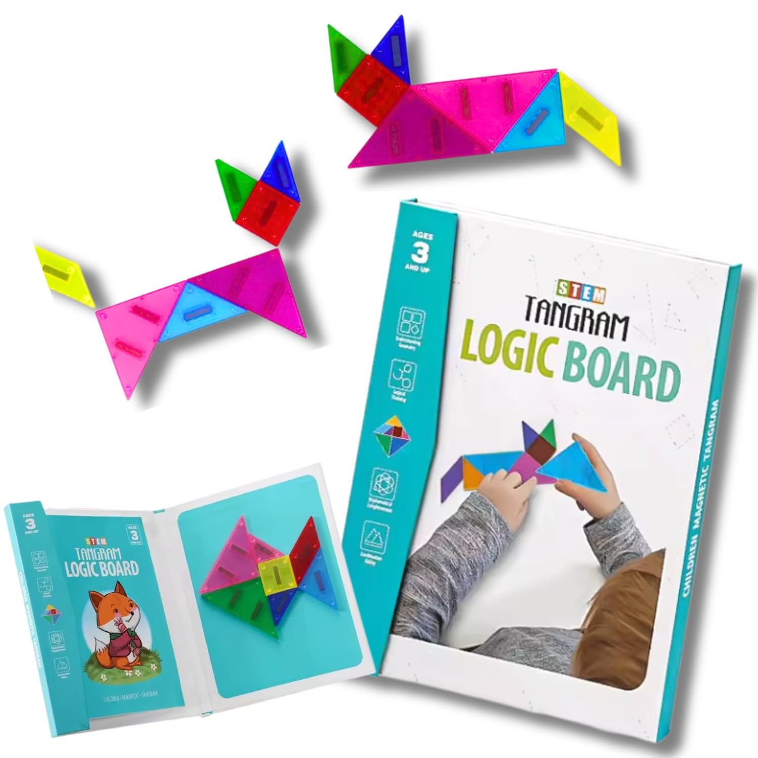 ArtCreativity Travel Tangram for Kids Ages 4-8 - Magnetic Tangram Puzzle Set with 7 Magnetic Tiles, Booklet with 96 Challenges, and Portable Book Cover - Travel-Friendly Road Trip Puzzles for Kids
