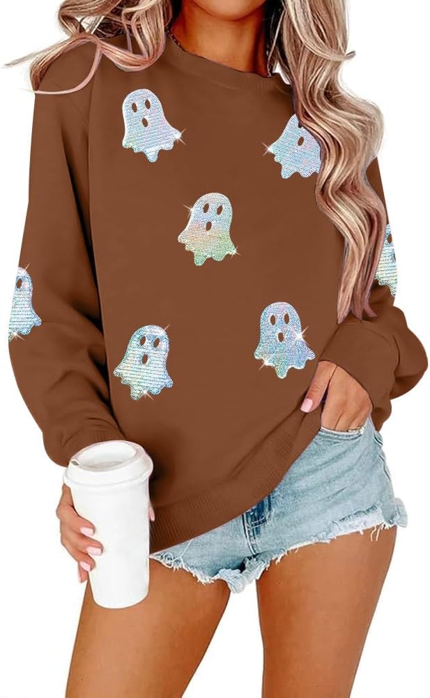 MYHALF Halloween Sweatshirts Women Colorful Sequin Ghost Graphic Pullover Shirt Halloween Witch Crewneck Sweater