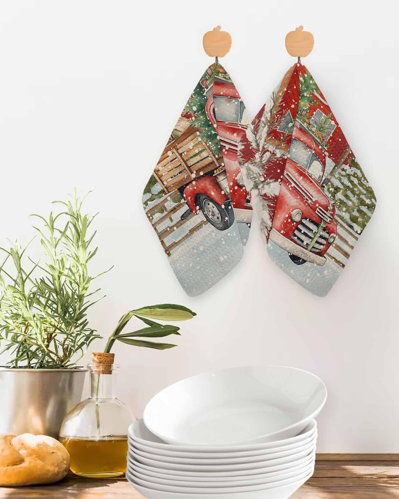 Hokiten Christmas Truck Waffle Kitchen Towels Dishcloths, Red Watercolor Xmas Tree Snowflake Absorbent Dish Towels | Hand Towels for Bathroom/Bar, 12 x 12 Inch, 4 Pcs