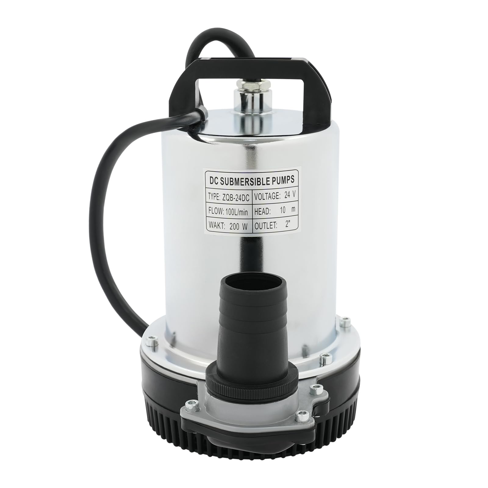 Bomba sumergible de acero inoxidable de 24 V y 200 W, con salida de 2 pulgadas y 3 adaptadores de manguera, altura de extracción: 10 m, 100 L/min