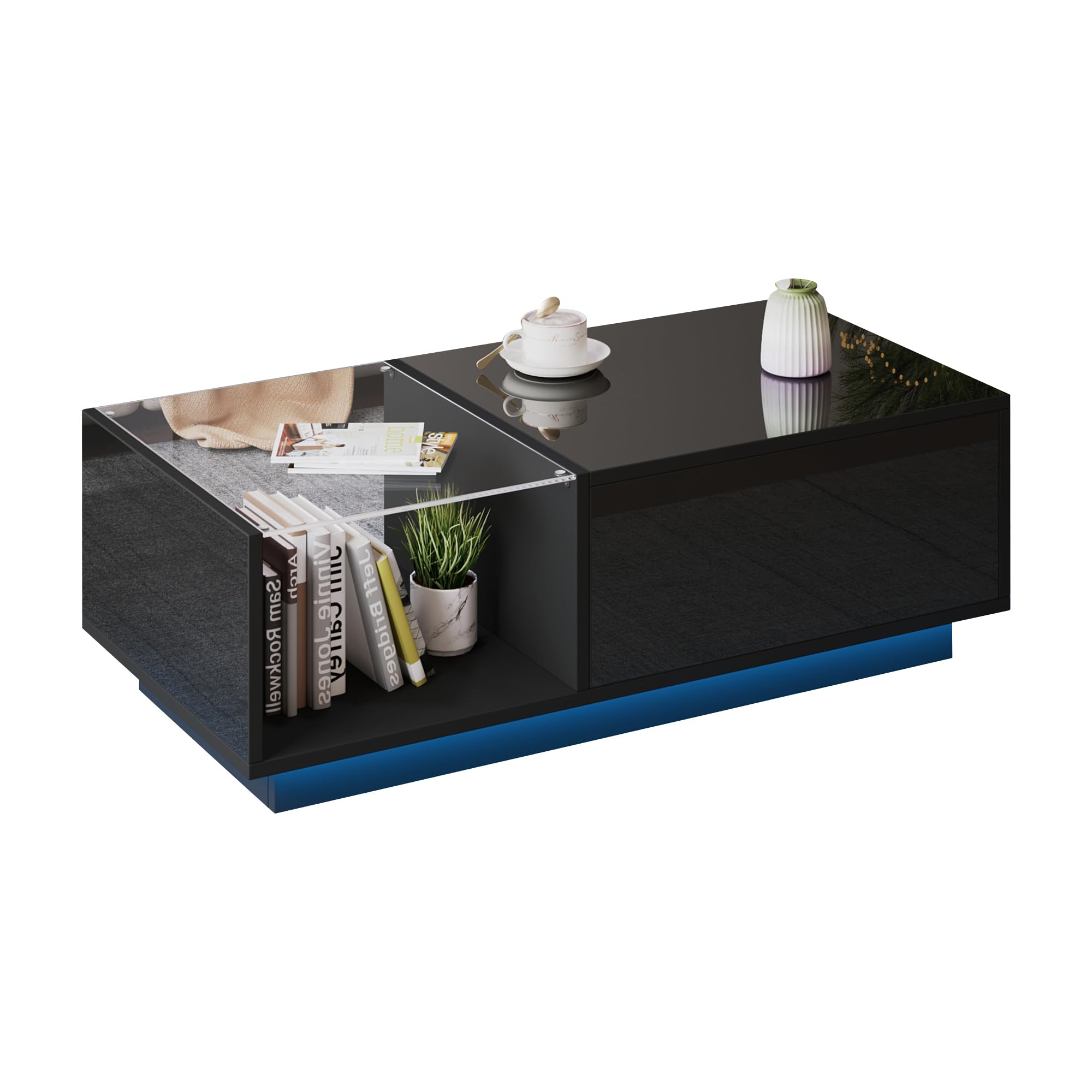 okwish Couchtisch Höhenverstellbar mit LED & Stauraum, Schwarz Hochglanz