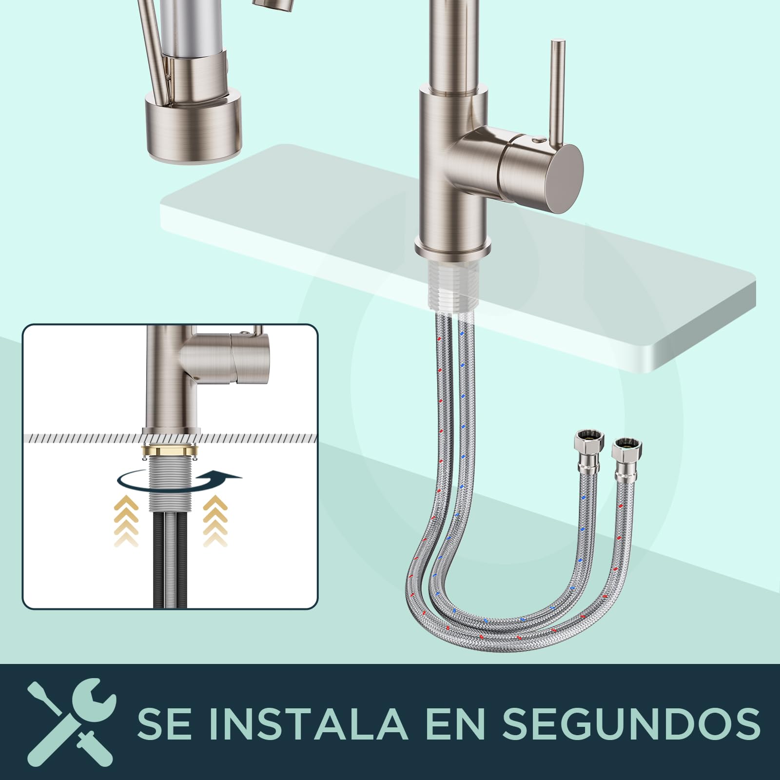 FORIOUS Grifo Cocina Acero Inoxidable Monomando con Giratorio 360° y Doble Rociador