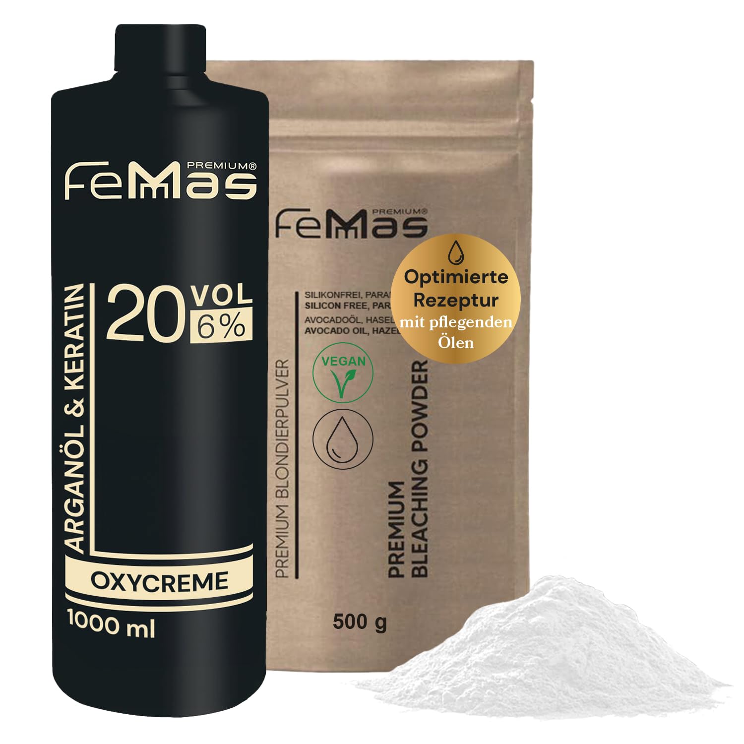 FemMas Blondierungspulver Set 500g Vegan mit Entwickler 6 Prozent 1L – Ultra Starkes & Staubfreies Hair Bleach Kit mit Nährstoffreichen Ölen für Zuhause in Salonqualität, Aufhellung um 7–9 Tonstufen