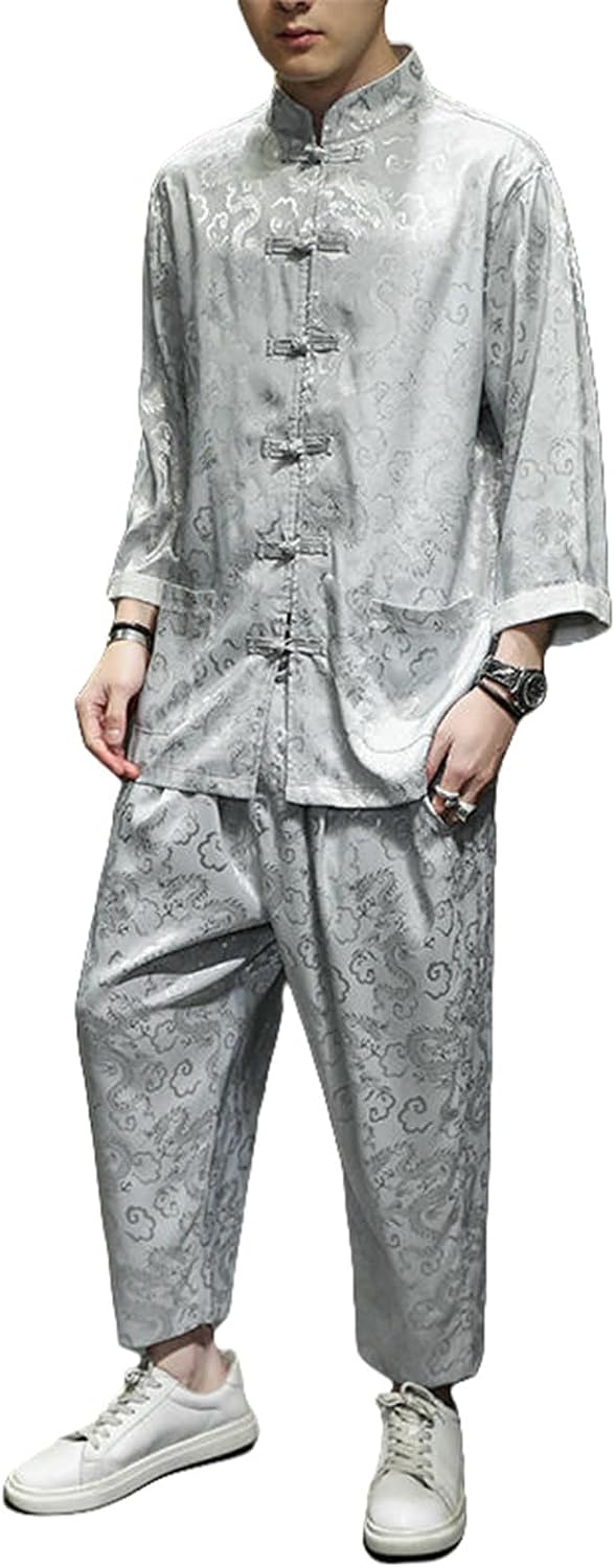Men's Summer Tang Suit Hanfu Vintage Chinese Style Embroidered Zhongshan Suit Ice Silk Thin Short Sleeve Shirt Set