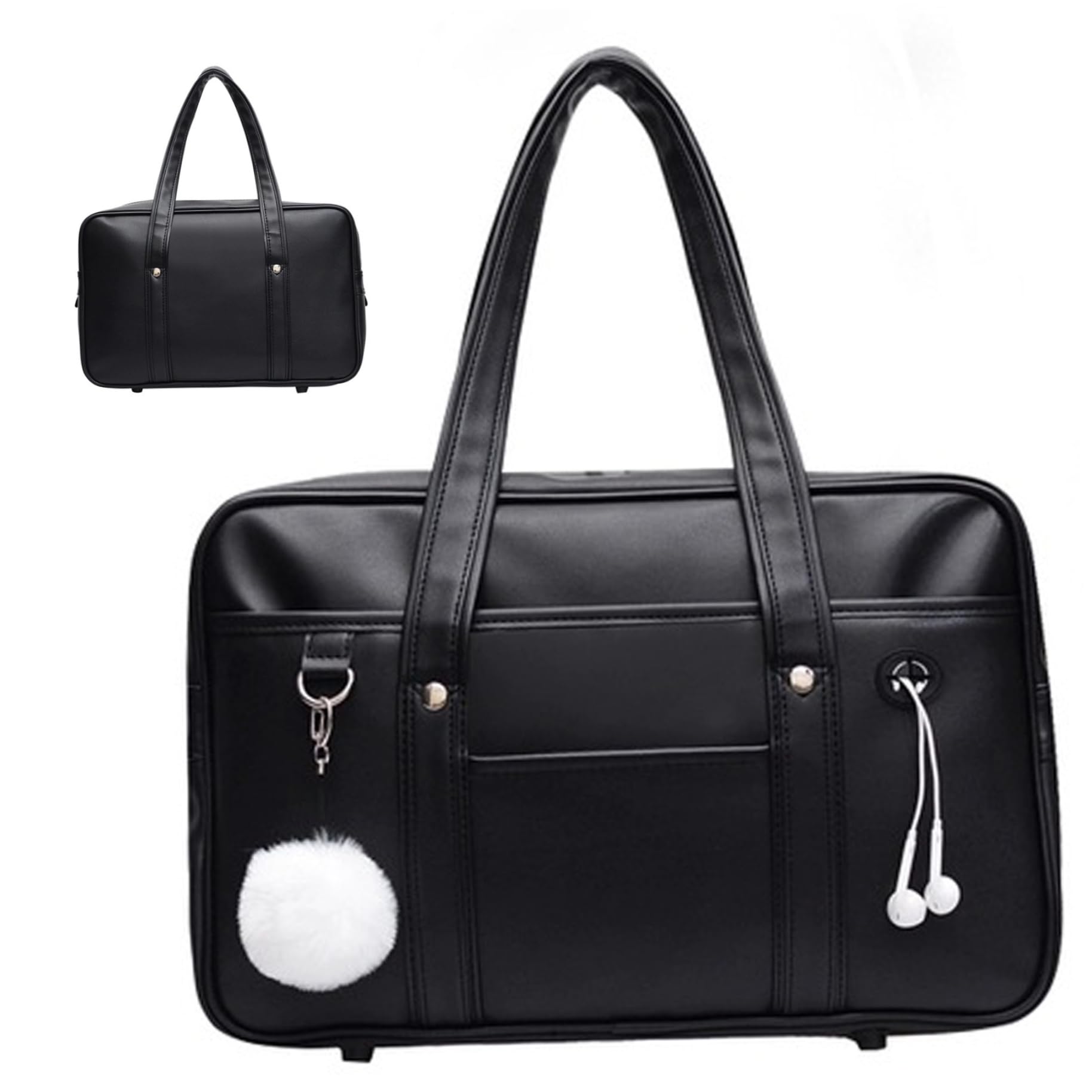 Borsa per la scuola giapponese in pelle PU, borsa multi tasca di capacità con foro per cuffie, a tracolla per laptop per studenti