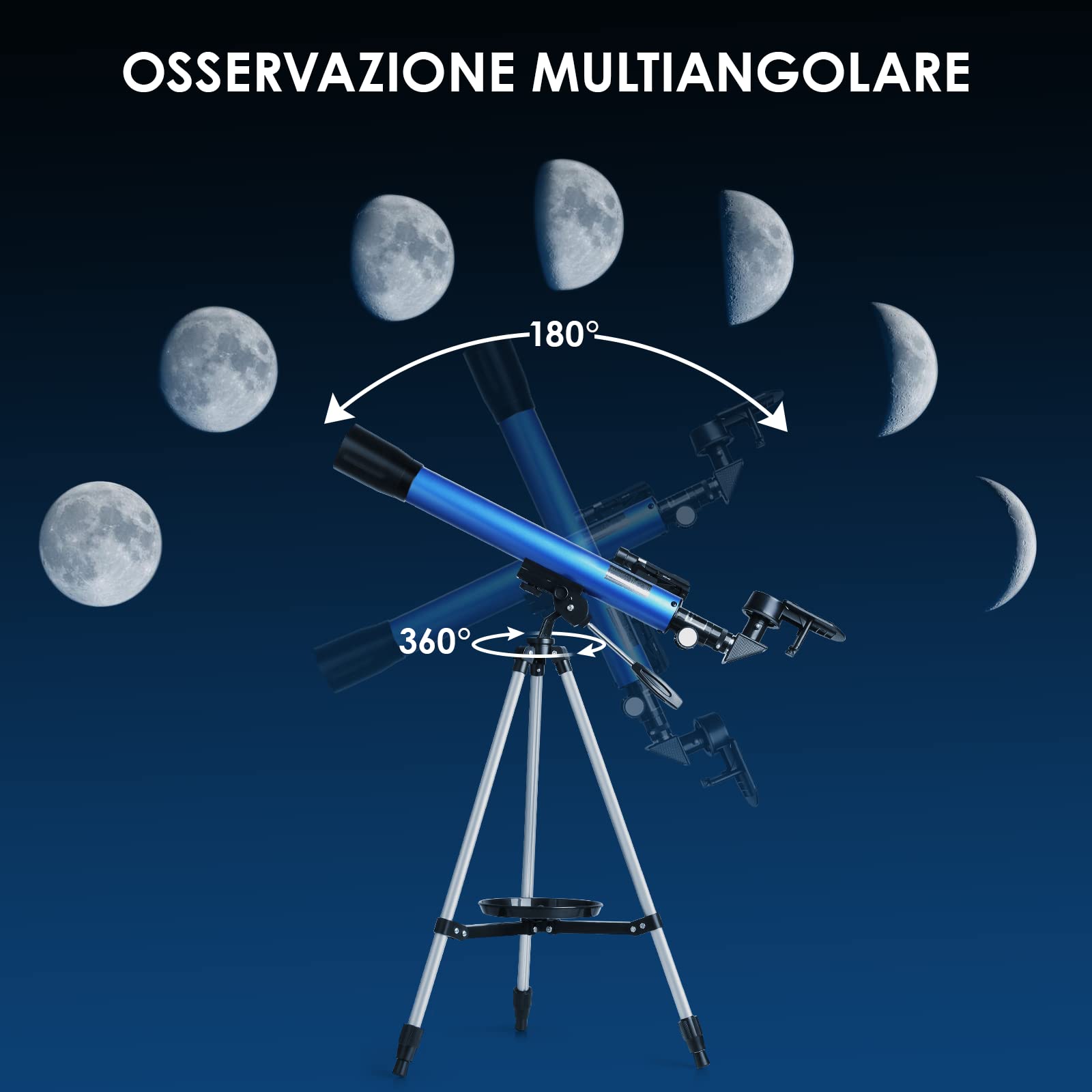 Cowiewie Telescopio F60050M/5, Ingrandimento 18x e 60x Telescopio Astronomico con Treppiede in Alluminio, Guarda la Luna, Regali di Natale Compleanno per Bambini