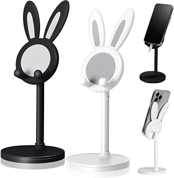 Kathfly 2 Pack Cute Phone Stand for Desk, Black and Milky White, Rabbit