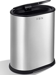 Bathroom Trash Can with Press Top Lid, 2.1 Gallon Small Slim Trash Can, Stainless Steel Narrow Garbage Can Wastebasket Trash Can, Removable Liner Bucket Trash Bin for Bathroom, Bedroom, Office (Silver)