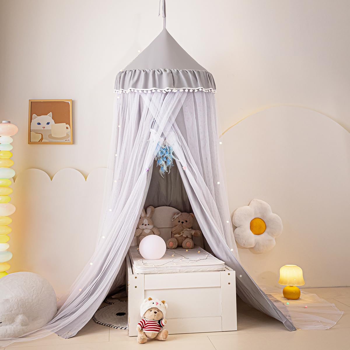 Akiky Large Dome Bed Canopy for Kids Room Double Layer Mosquito Net with Led Lights for Kids Room Hanging Play Tent Children Reading Nook Pompom Canopies (Gray)